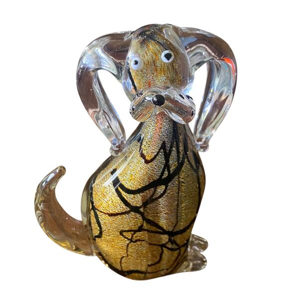 RARE 8” GCA Art Glass Murano Style Dog Puppy Sculpture Layered Gold & Black - Picture 13 of 16